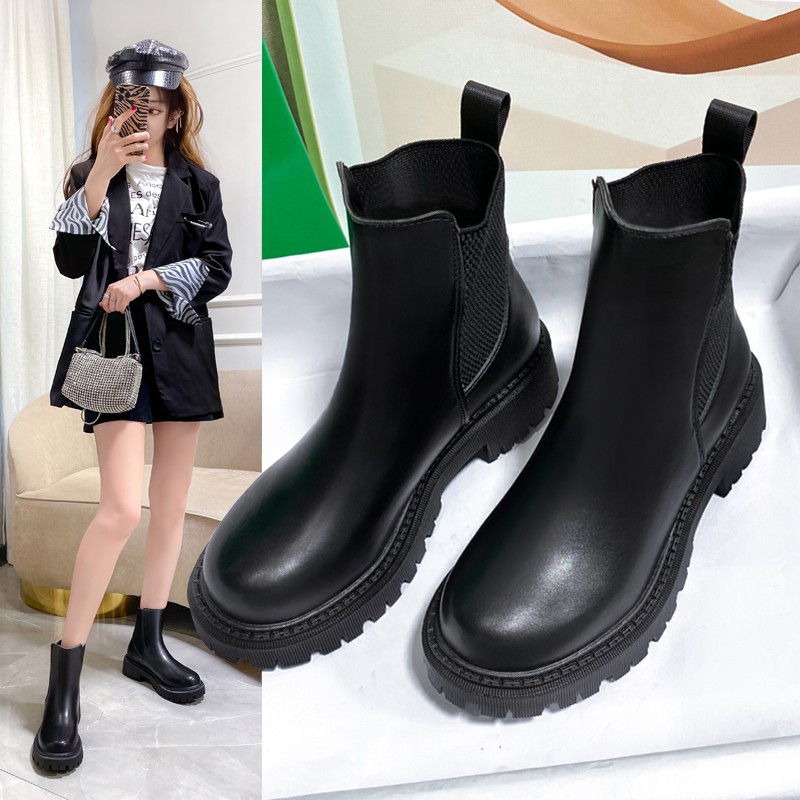 娜瑟薇黑色马丁靴秋季薄款女2021年新款靴子厚底女靴春秋单靴黑色短靴