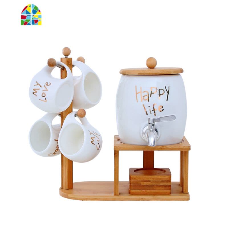 家用冷水壶套装陶瓷泡茶壶耐热高温凉白开水杯扎壶大容量茶杯水瓶 FENGHOU [描金]4杯4垫4勺[不同英文]凉水壶图片