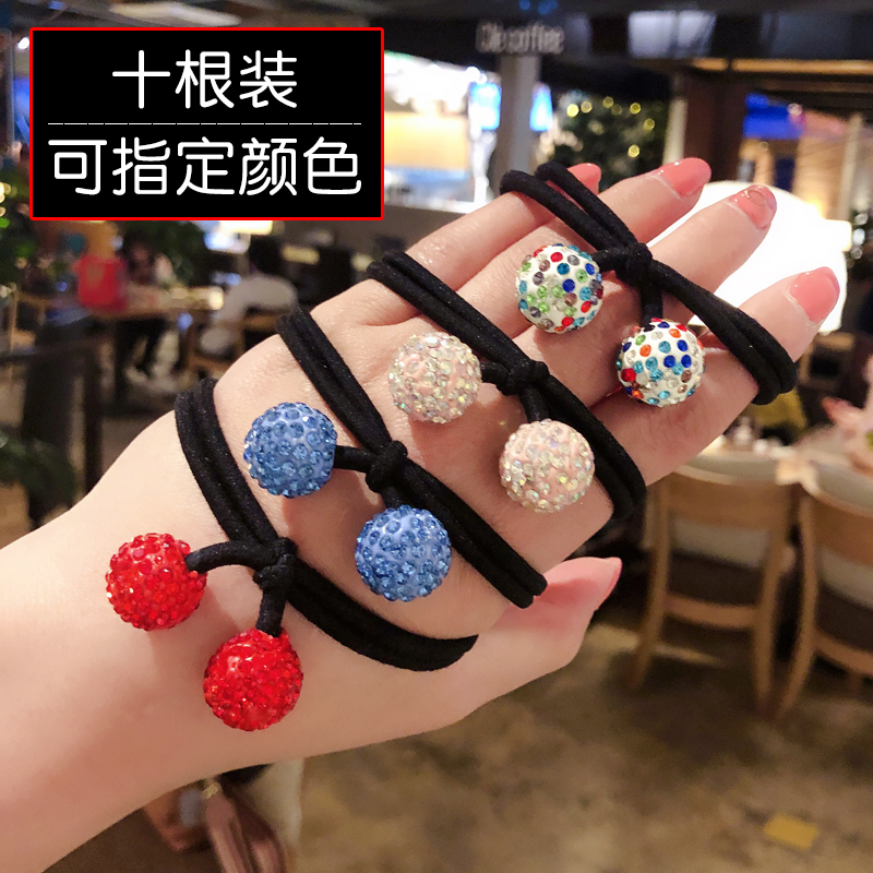 2019新款韩版高弹力水钻马尾皮套头绳发圈橡皮筋头花发绳头饰发饰|[大珠十根]粉色