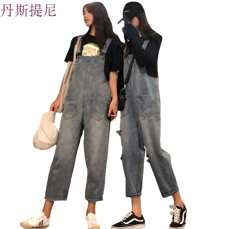 秋装女装韩版宽松复古做旧背带连体裤牛仔裤高腰破洞阔腿裤九分裤
