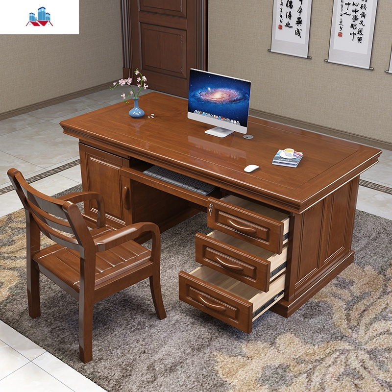 实木办公桌家用台式写字台橡木卧室书桌中式老板桌简易18米班台泰空仓