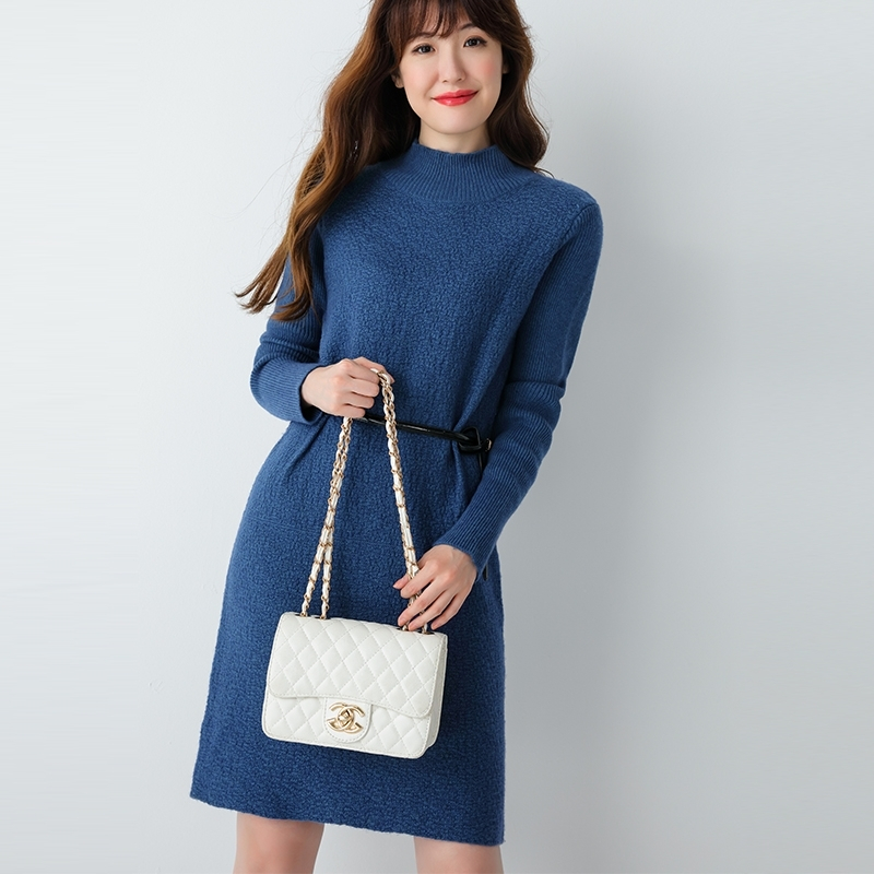 2018秋冬新款半高领中长款100%羊绒衫女套头毛衣针织打底衫毛衣裙