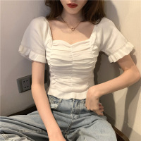 夏装新款方领露锁骨褶皱短袖T恤女装复古针织短款打底衫上衣 均码 白色