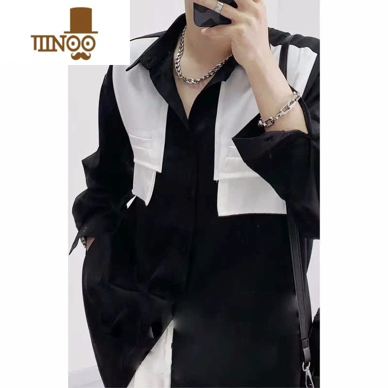 YANXU设计师款黑白拼色衬衫男长袖假冷淡风韩版衬衣潮牌感男装