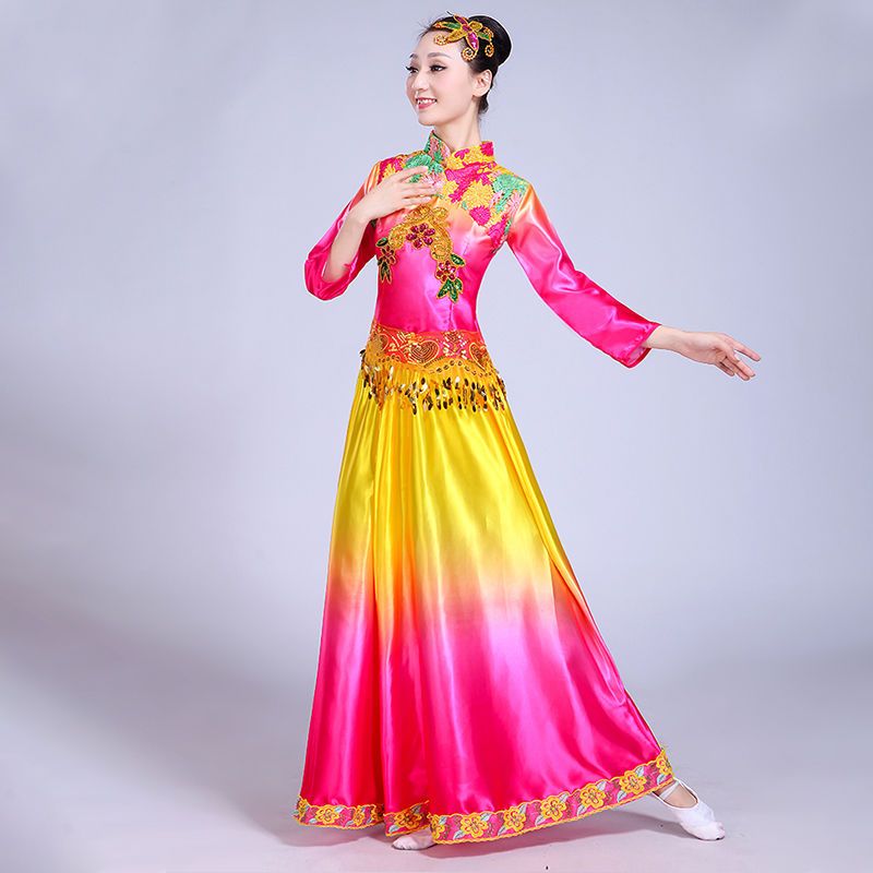 开场舞大摆裙新款合唱服长裙现代演出服扇子舞蹈服中老年秧歌服装
