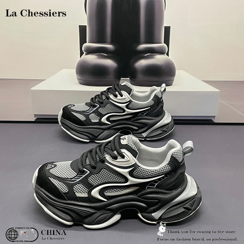 La Chessiers男鞋春秋季老爹鞋2026新款休闲鞋子男士运动休闲鞋厚底网面潮鞋 黑色 42码