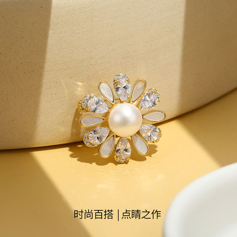 佰色传情(BRIR)10-11mm淡水珍珠贝壳轻奢简约太阳花胸针配饰胸花
