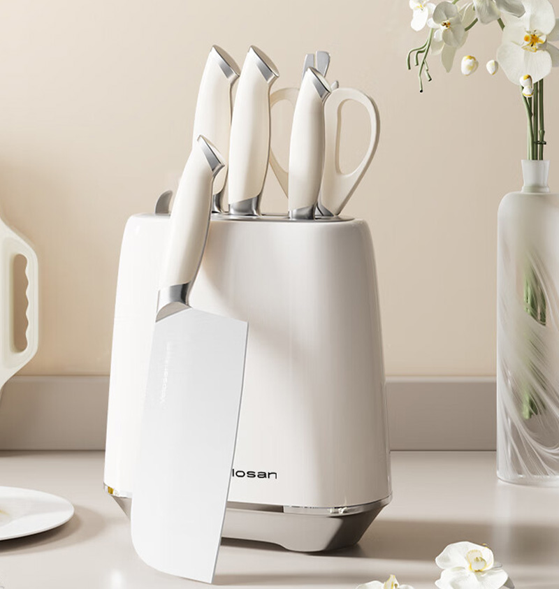 温仑山刀具五件套配重底座握感舒适瓷光奶油鹅卵石刀具套装VE075高清大图