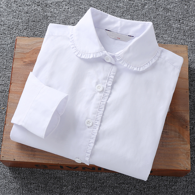 七色王国女童白衬衫长袖棉花边领春夏儿童白色衬衣中大童小学生演出