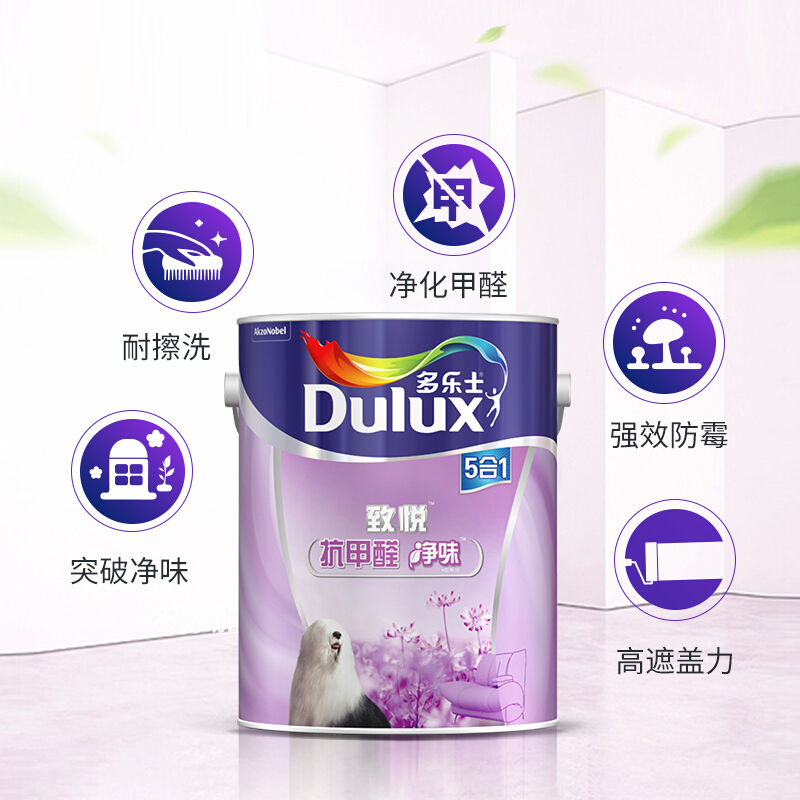 多乐士(Dulux) 致悦抗甲醛净味五合一内墙乳胶漆 墙面漆油漆涂料 A744 6L哑光白色