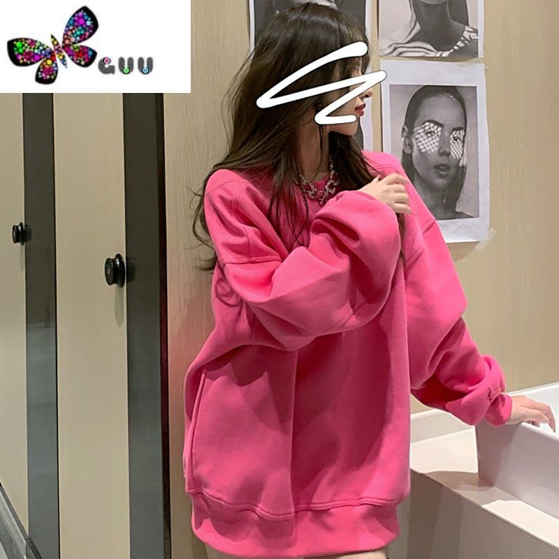 语娄粉色卫衣女2023年秋季新款bf慵懒风网红炸街宽松上衣中长款外套潮图片