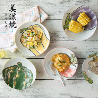 美浓烧日式手绘7英寸菜盘家用创意餐具碟子陶瓷水果盘可爱点心盘(五盘装)