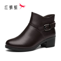 红蜻蜓短靴女加绒粗跟女靴子冬款中跟大码女鞋韩版时尚短筒马丁靴女低跟妈妈棉皮鞋