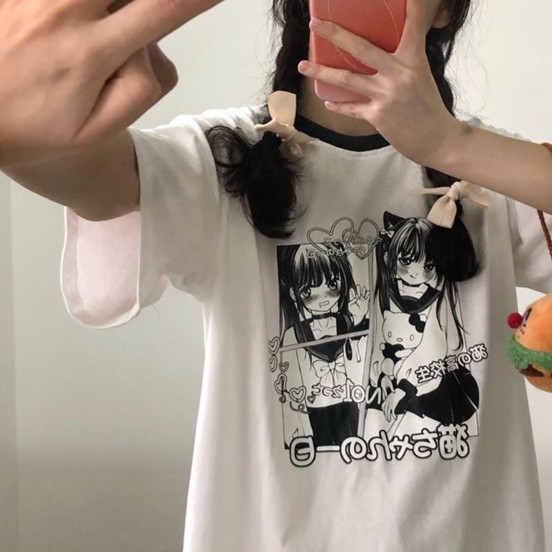 日系可爱黑白色短袖t恤女2021夏季新款学生拼色软妹动漫上衣女潮 白色背 S