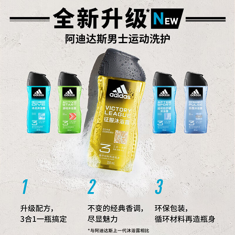 阿迪达斯(adidas)男士沐浴露250ml源动激活保湿留香体家庭套装正品三合一