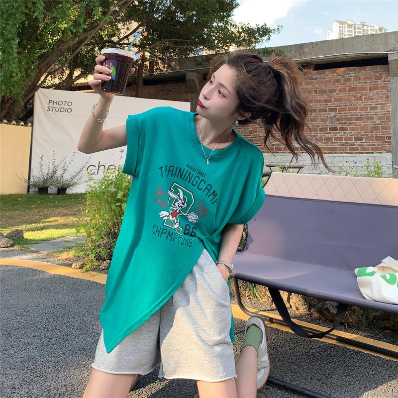 开叉t恤女夏季美式复古2021新款设计感不规则宽松中长款卡通短袖 绿色 均码
