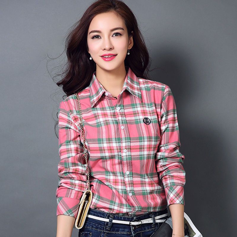 纯棉格子衬衫女长袖春秋装上衣女新款百搭韩版磨毛衬衣宽松休闲