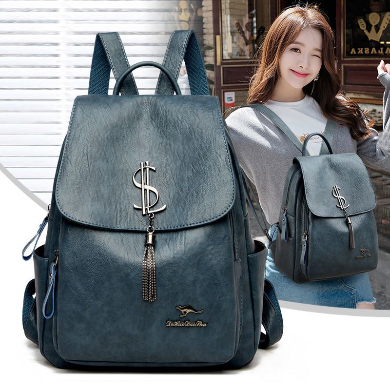 大容量时尚百搭双肩包韩版牛皮双肩包女双肩背包袋鼠真皮背包软皮