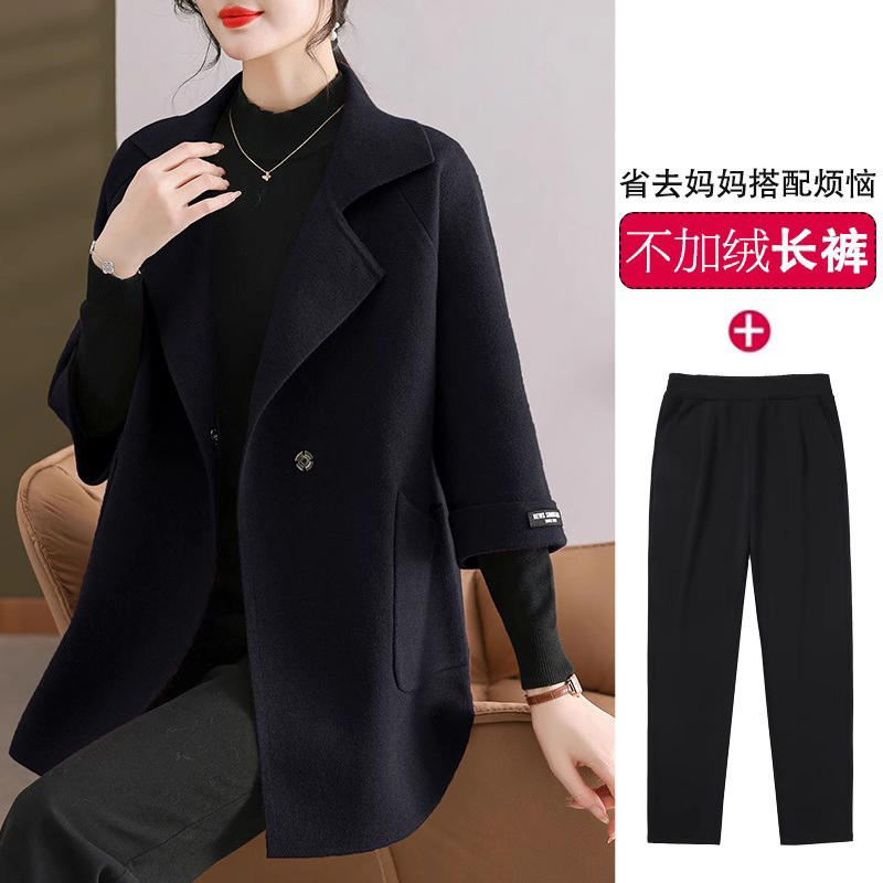 恒源祥妈妈秋冬装羊毛呢外套中长款中老年女装2024新款洋气大风衣 XL推荐130-145斤 黑色+裤子