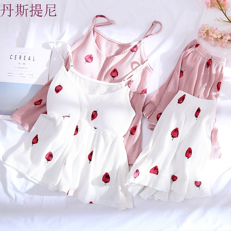 睡衣女夏纯棉带短裤套装韩版清新甜美可爱宽松学生家居服带胸垫