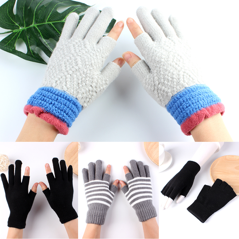 半指手套男女士保暖毛线漏二指学生写字工作骑行车露手指头秋冬季