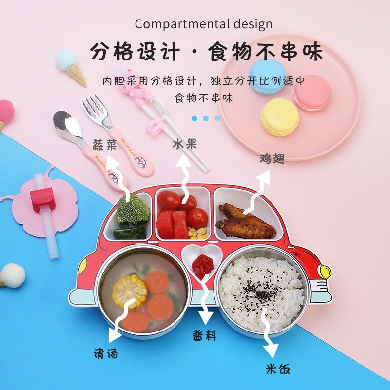 304不锈钢宝宝汽车餐盘分格带盖儿童餐具吃饭碗套装 家用防摔防滑 特价款圆形蓝色(无盖子) 单独餐盘
