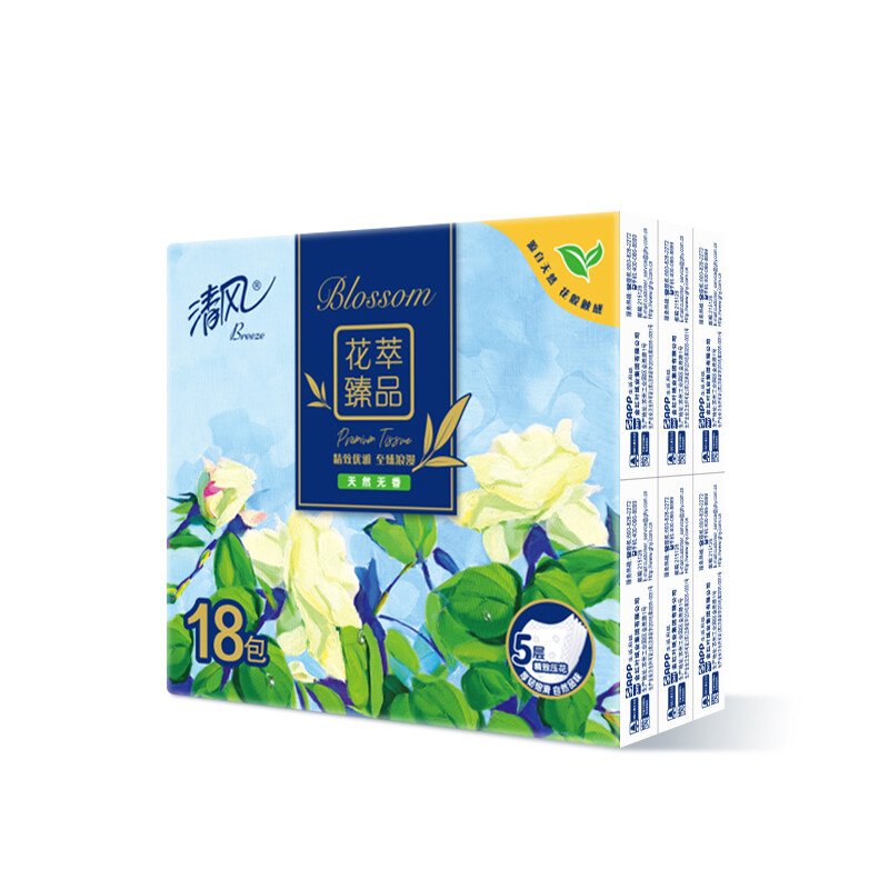 清风花萃臻品无香手帕纸5层 6张*18包 湿水不易破高清大图