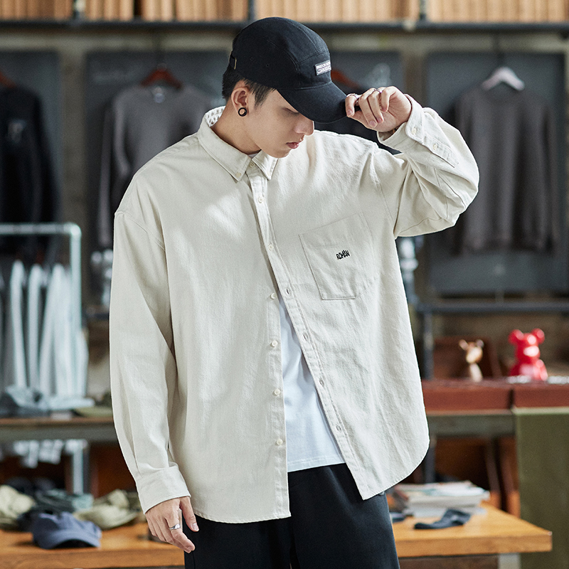 9元]唐狮秋季长袖衬衫男港风日系纯棉春秋外穿休闲宽松衬衣外套潮