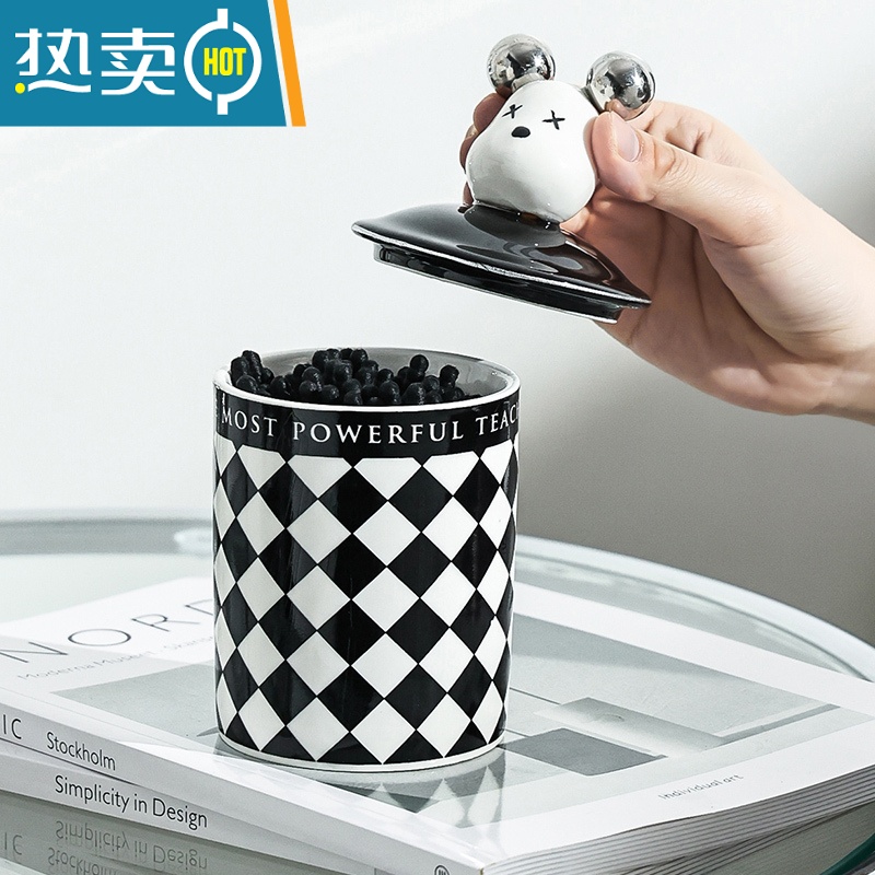敬平熊公仔牙签盒家用陶瓷牙签筒牙线棉签收纳盒罐创意黑白棋盘牙签桶 魔方-条纹黑色高清大图