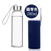 丰臣家玻璃杯 耐热便携车载水瓶 大容量个高硼硅男女士学生水杯子 280ml提绳款+藏青色杯套