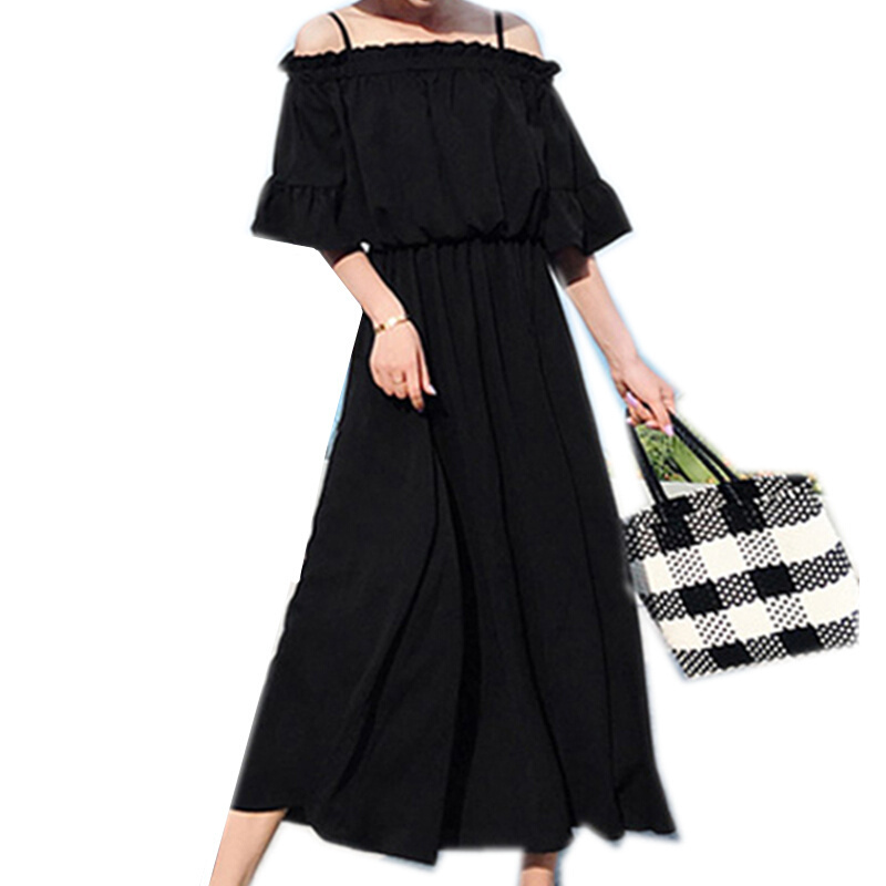 200斤胖mm夏装短袖t恤女雪纺露肩上衣宽松一字肩连衣裙加肥加大码黑色