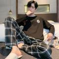 棉男士睡衣长袖春秋季新款圆领加大码宽松高档家居服套装男_532 2XL HD5537