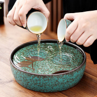 領藝 陶瓷茶盘家用简约功夫储水茶托盘圆形干泡台小型茶台复古日式茶海创意 绿松银杏小号