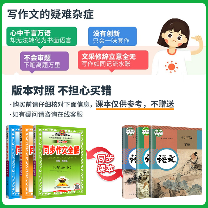 同步作文全解 九年级/初中三年级 [正版]同步作文全解七年级上册八九年级下册人教版RJ全析作文素材满初中分教辅工具书练习高清大图