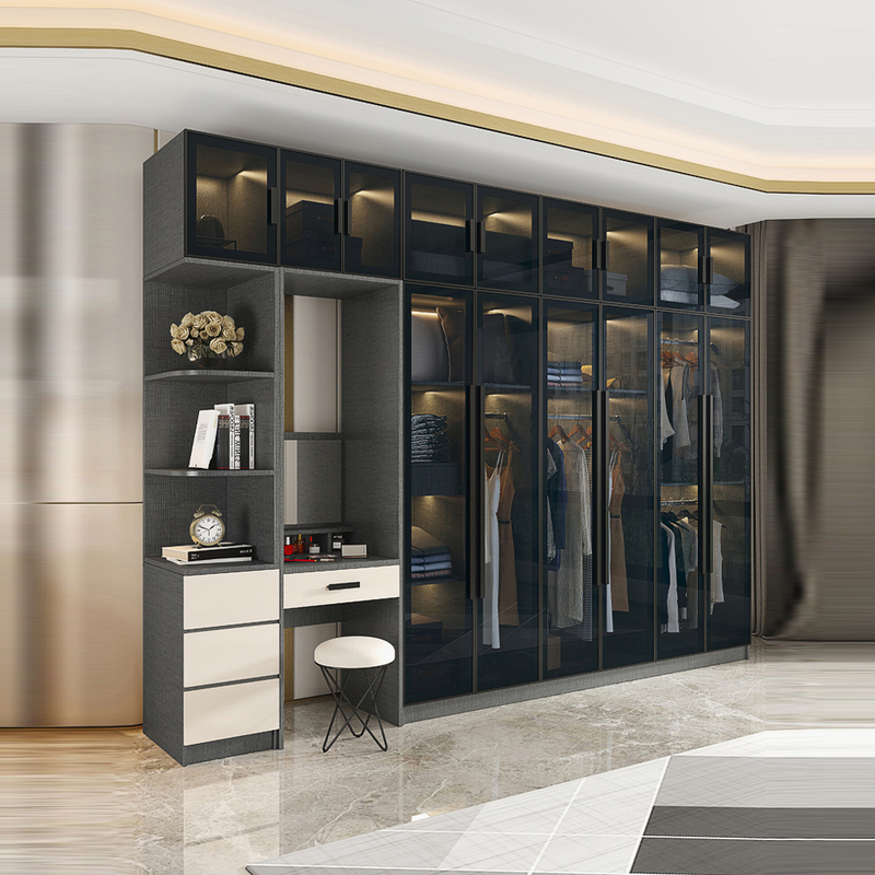 衣柜简约现代梳妆台一体衣帽间组合柜子玻璃门衣橱小户型