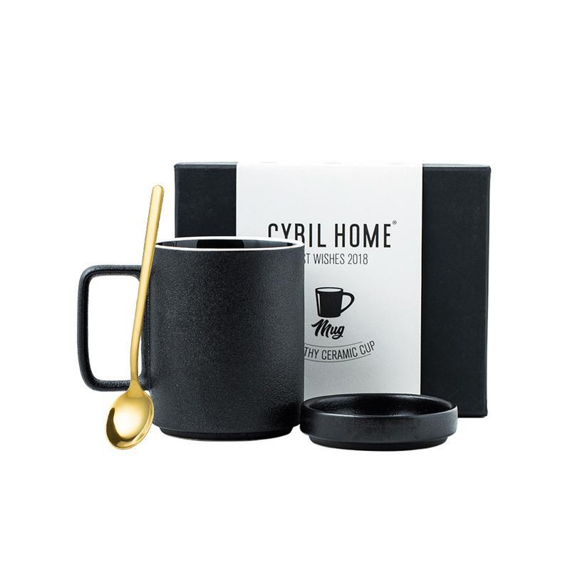 黑砂釉马克杯(礼盒+木棒) cybil 北欧黑色磨砂马克杯带盖勺杯子家用陶瓷杯咖啡杯办公室杯
