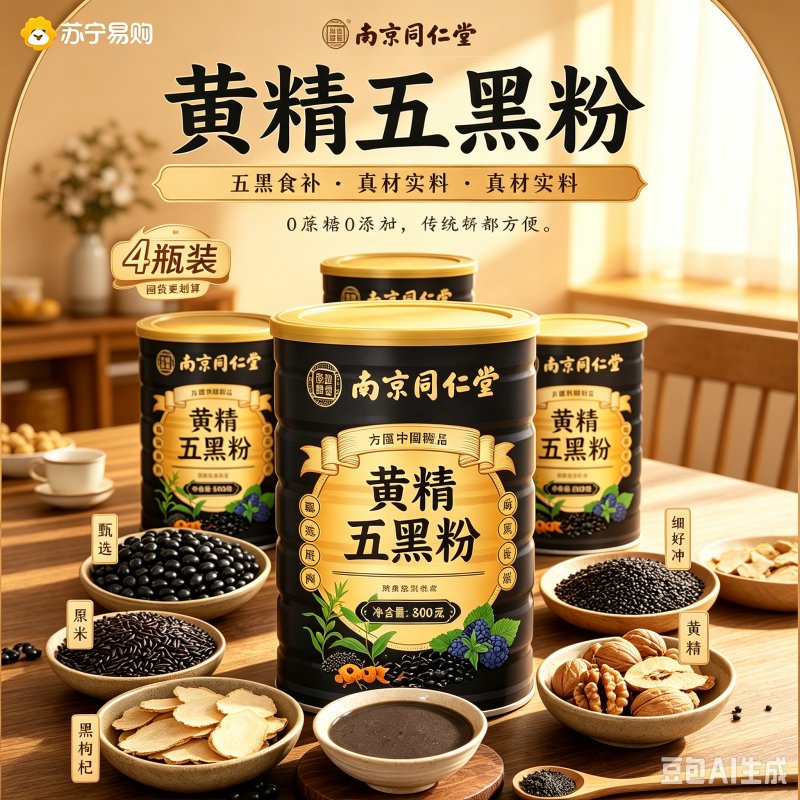 [4罐 囤货] 同仁堂九蒸九晒黄精五黑粉黄金黑豆黑米黑芝麻桑葚黑枸杞五黑代餐早餐官方旗舰店正品高清大图