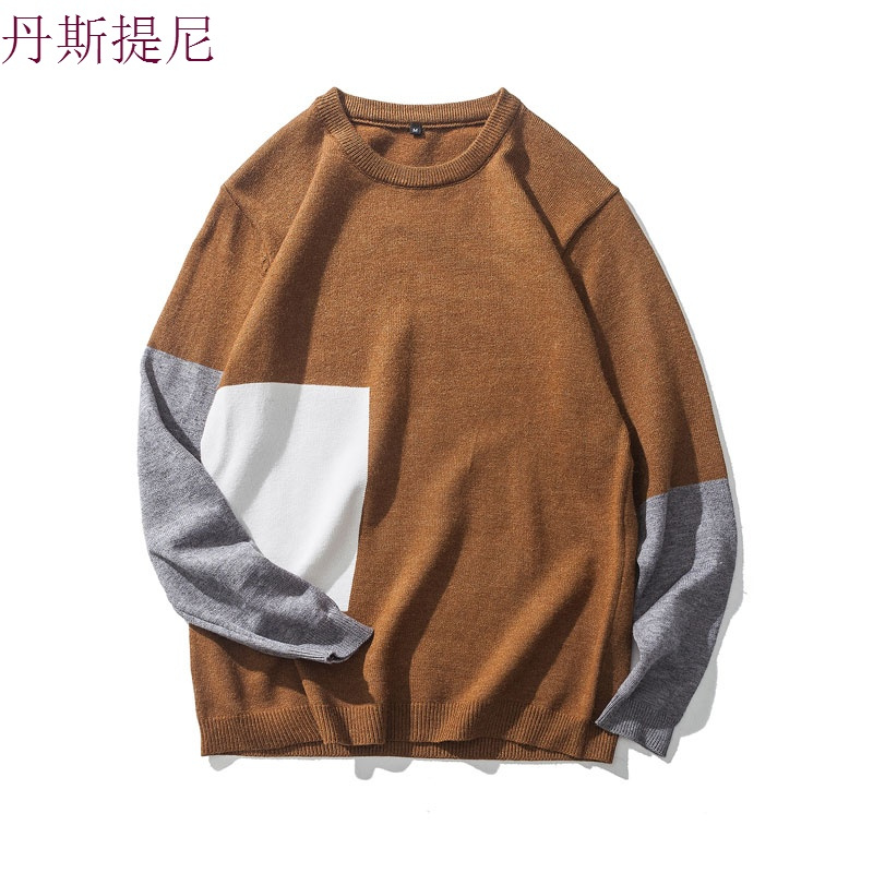春秋款男士休闲毛衣日系宽松圆领拼接套头线衫韩版潮流薄款针织衫