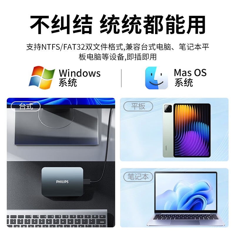 飞利浦(PHILIPS)1TB 移动硬盘 USB3.2Gen1 高速大容量21PD系列 2.5英寸 电脑机械硬盘 兼容M高清大图