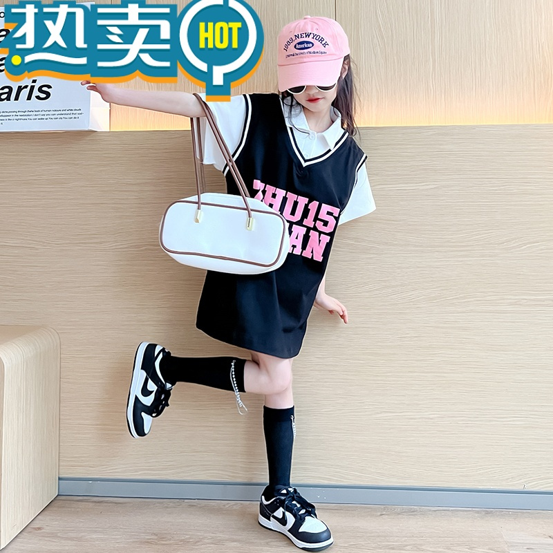 绿彩虹光女童夏装连衣裙2023新款小女孩t恤裙夏季大童短袖polo衫儿童裙子6