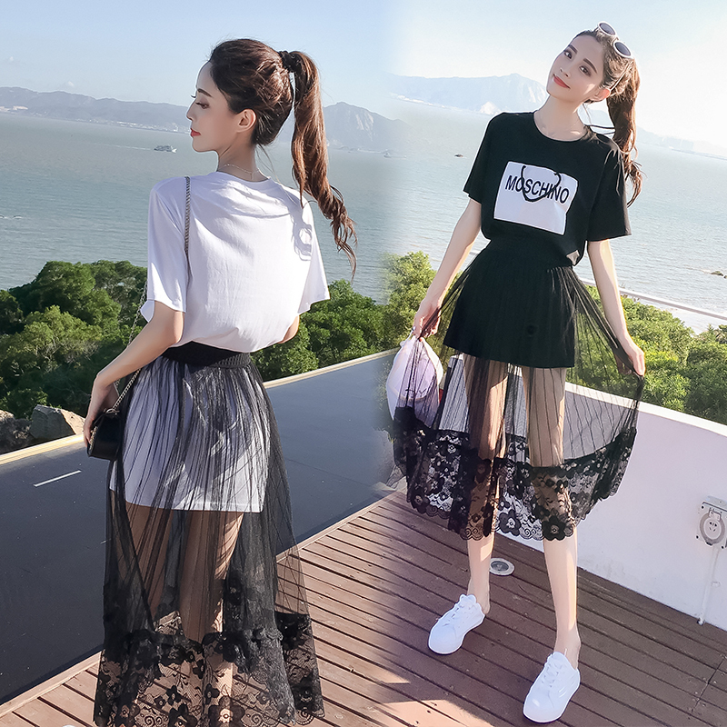 连衣裙女夏装2018新款韩版学生网纱裙子T恤套装裙两件套中长款春
