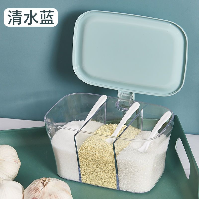 三格调味盒:蓝色 调料盒多功能厨房调味罐家用带盖调味盒套盐罐创意透明三格式带勺