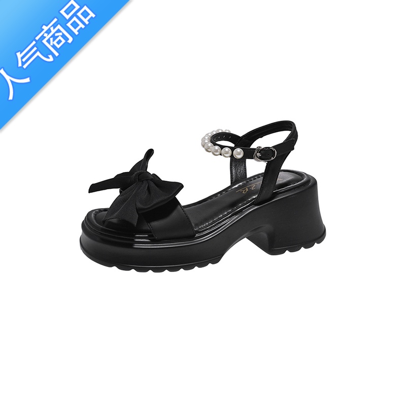 SUNTEK凉鞋女2023新款夏季蝴蝶结仙女风厚底珍珠一字带时尚露趾款0时夏高清大图