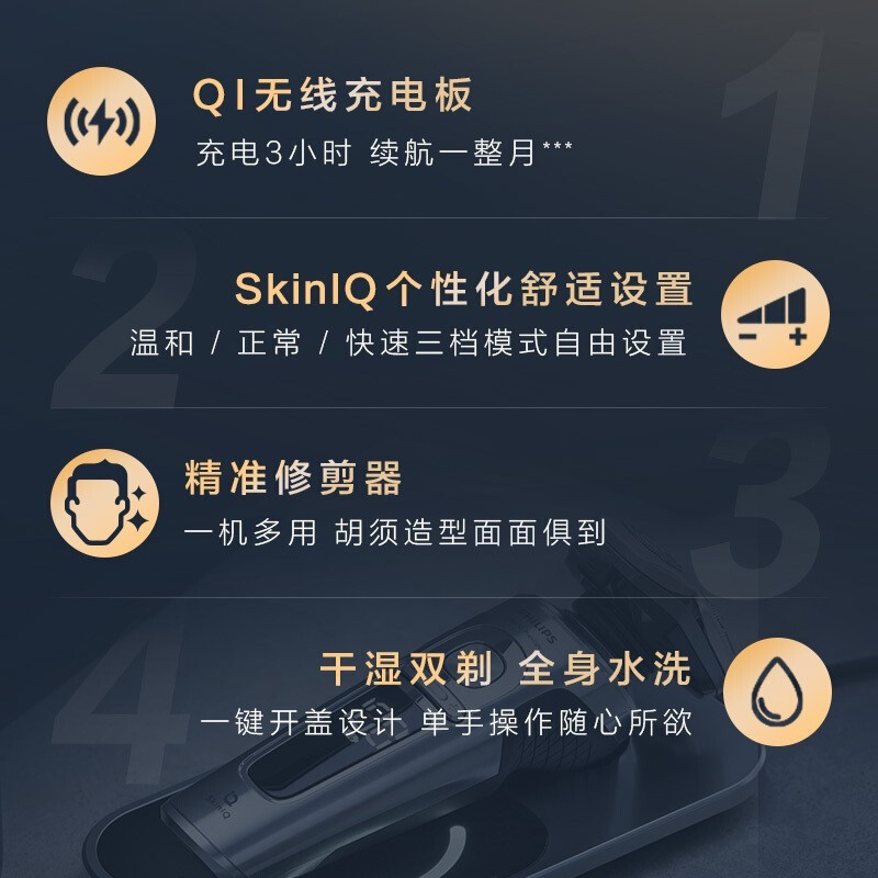 飞利浦(PHILIPS)电动奢享剃须刀SkinIQ肌能感应 动力自适应智能显示屏刮胡刀 SP9883/38