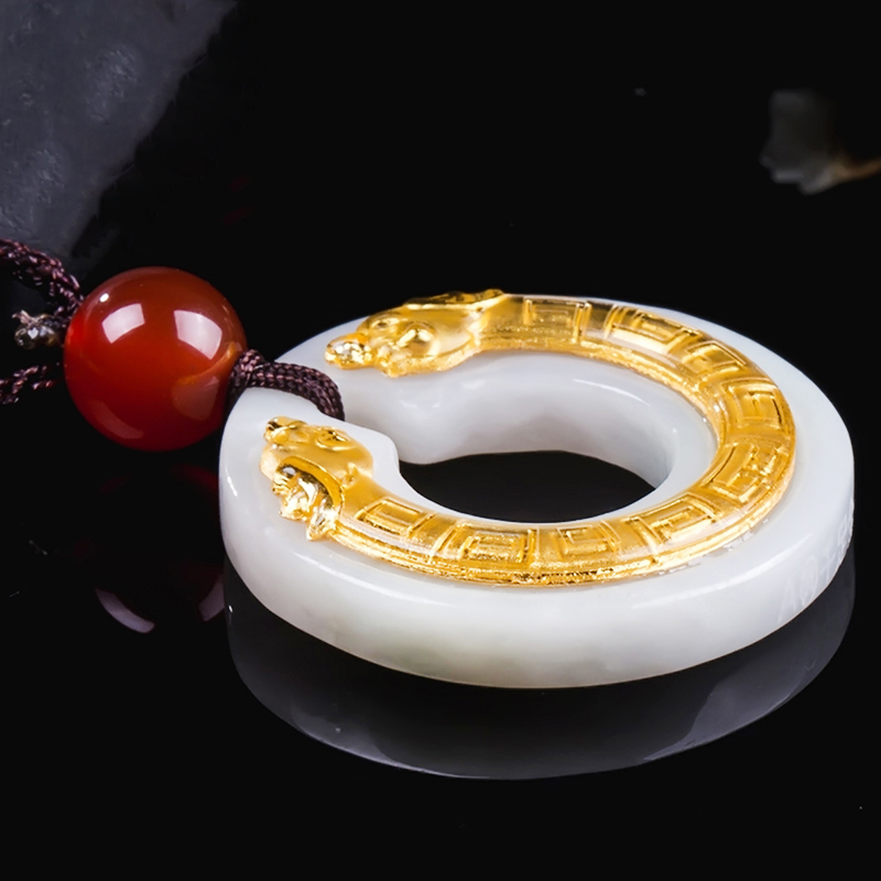 翡翠双龙头挂件平安扣坠男女款金镶玉项链坠饰送女朋友七夕情人节礼物