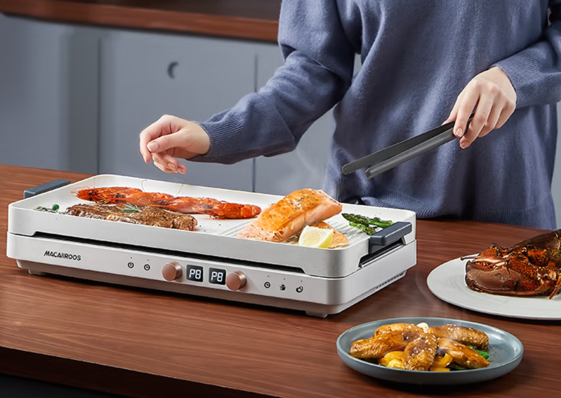 迈卡罗 (MACAIIROOS)多功能料理锅电火锅多用途锅电烧烤锅电煎锅料理盘 MC-IH2218(白晶版)