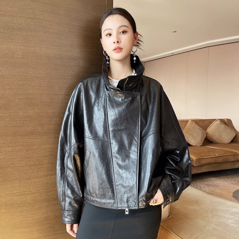 海宁秋冬季款女装真皮绵羊油蜡皮潮流风立领机车帅气时尚皮衣外套 L145斤 黑色