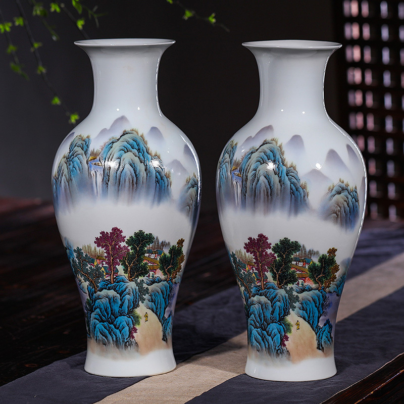 瓷物语工艺品摆中式花瓶件仿古现代新花插客厅家居装饰山川秀色冬瓜瓶送底座