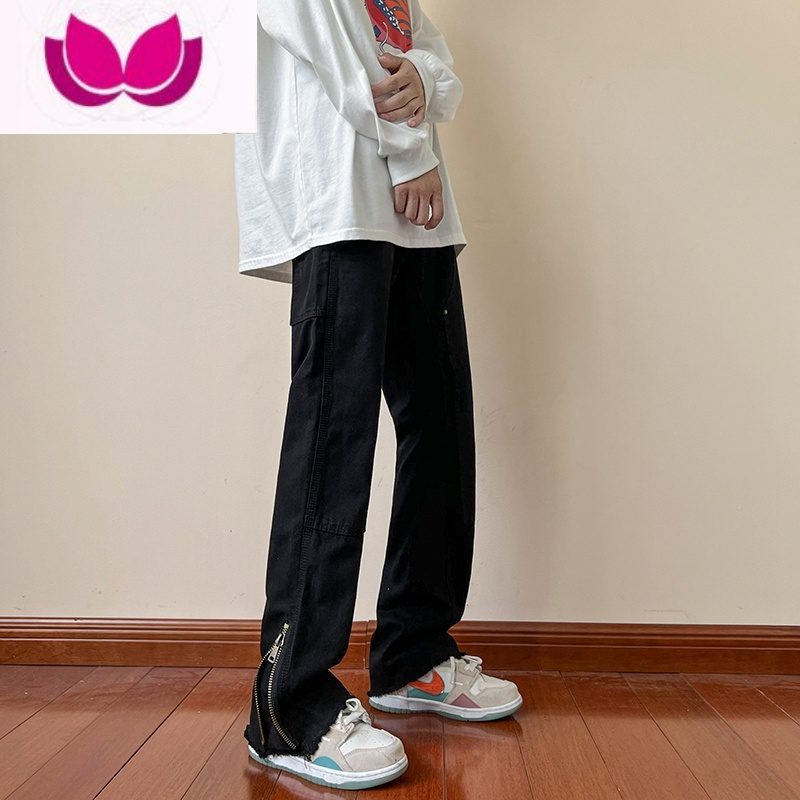 七斓黑色牛仔裤男女2023高端美式潮牌高街设计感拉链宽松直筒休闲