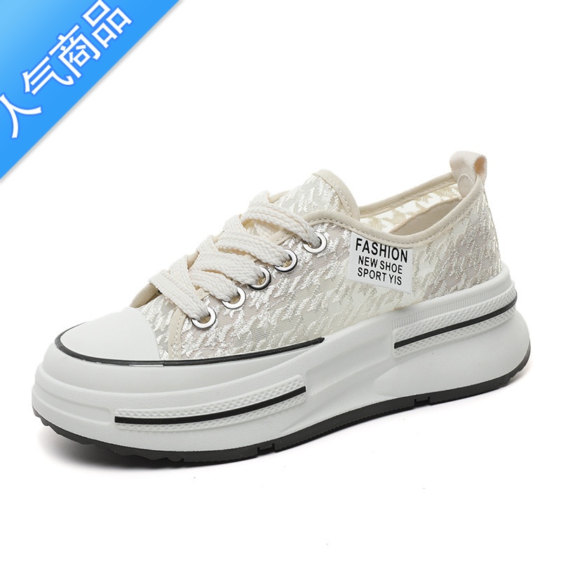 SUNTEK帆布鞋女2023夏季网面透气百搭厚底小白鞋蕾丝休闲运动鞋高清大图